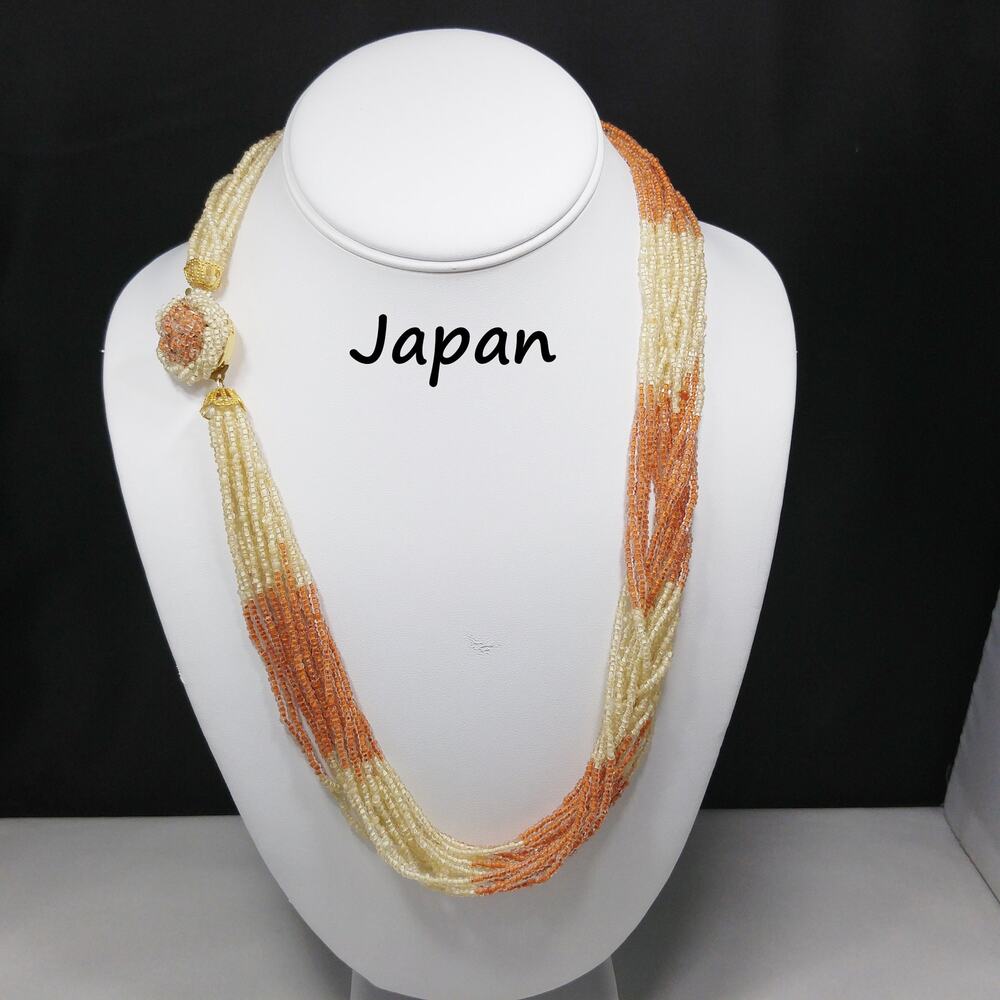 Japan 1950s Multi Strand Glass Seed Bead Necklace Beige Rust Vintage